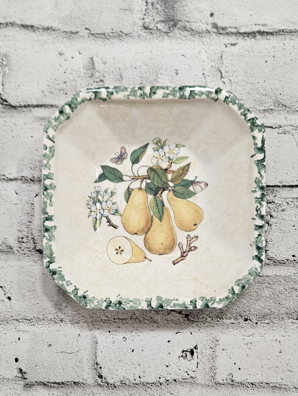 Vintage Pear Fruit Serving Bowl Octagonal Cottagecore Dish 8 Inch